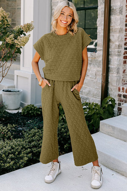 Sage Green Casual Quilted Wide Leg Pants Set for Fashionable Women