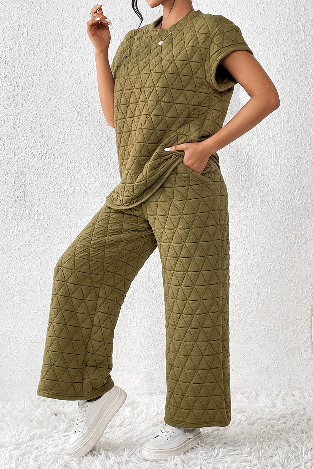 Sage Green Casual Quilted Wide Leg Pants Set for Fashionable Women