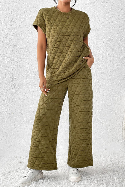 Sage Green Casual Quilted Wide Leg Pants Set for Fashionable Women