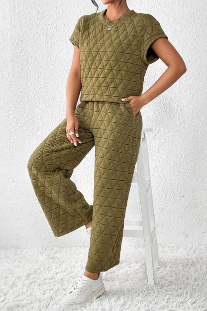 Sage Green Casual Quilted Wide Leg Pants Set for Fashionable Women