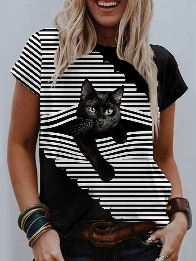 Women's T shirt Tee Black White Light Grey Graphic Cat Print Short Sleeve Casual Daily Cute Vintage Round Neck Regular 3D Cat S - LuckyFash™