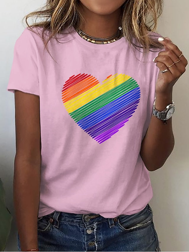 Women's T shirt Tee 100% Cotton Black White Pink Rainbow Heart Print Short Sleeve Casual Valentine Basic Round Neck Regular Cotton Painting S - LuckyFash™