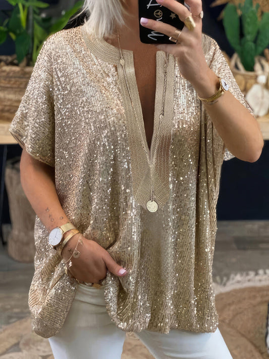 Sequin Embellished V-Neck Short Sleeve Fashion Blouse