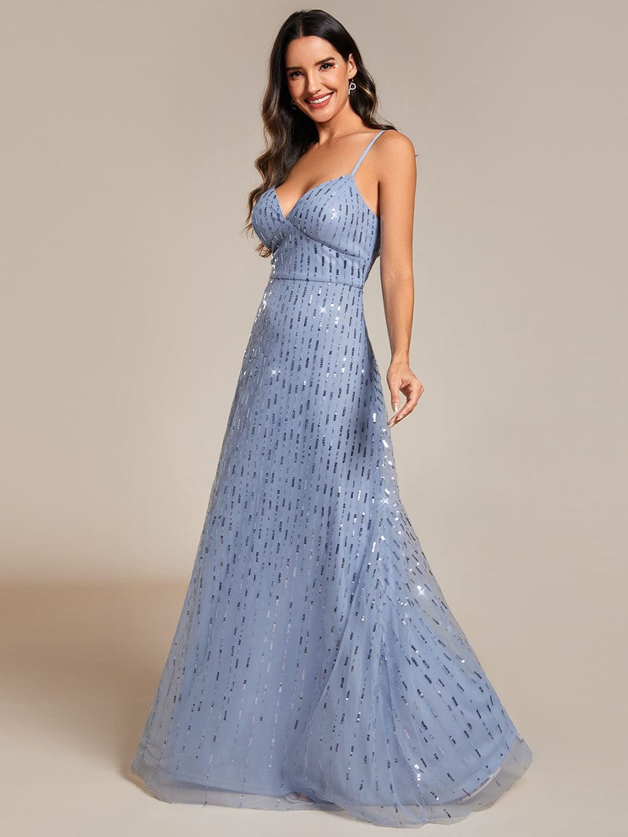 Sequin Embellished V-Neck Tulle Bridesmaid Gown with Spaghetti Straps