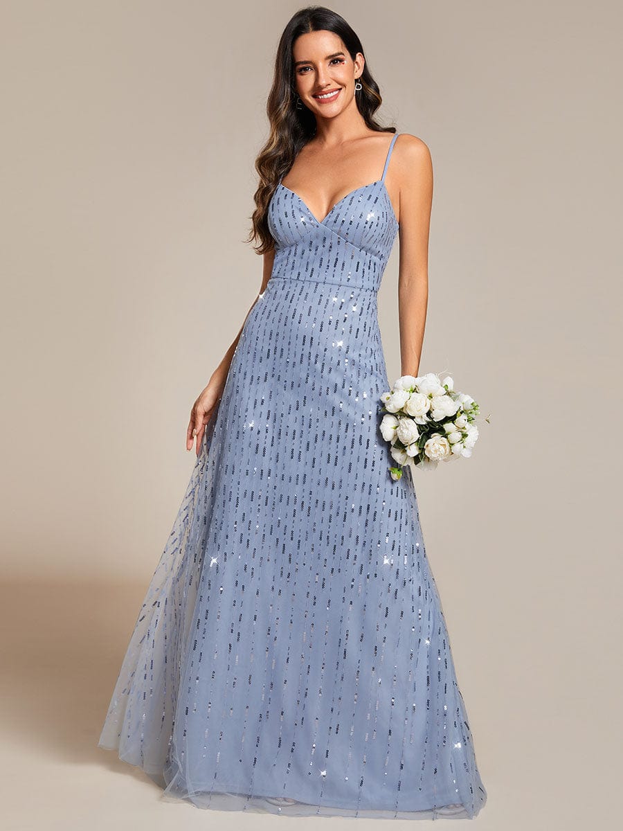 Sequin Embellished V-Neck Tulle Bridesmaid Gown with Spaghetti Straps