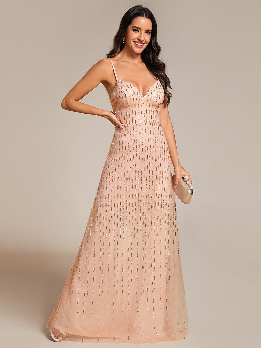 Sequin Embellished V-Neck Tulle Bridesmaid Gown with Spaghetti Straps