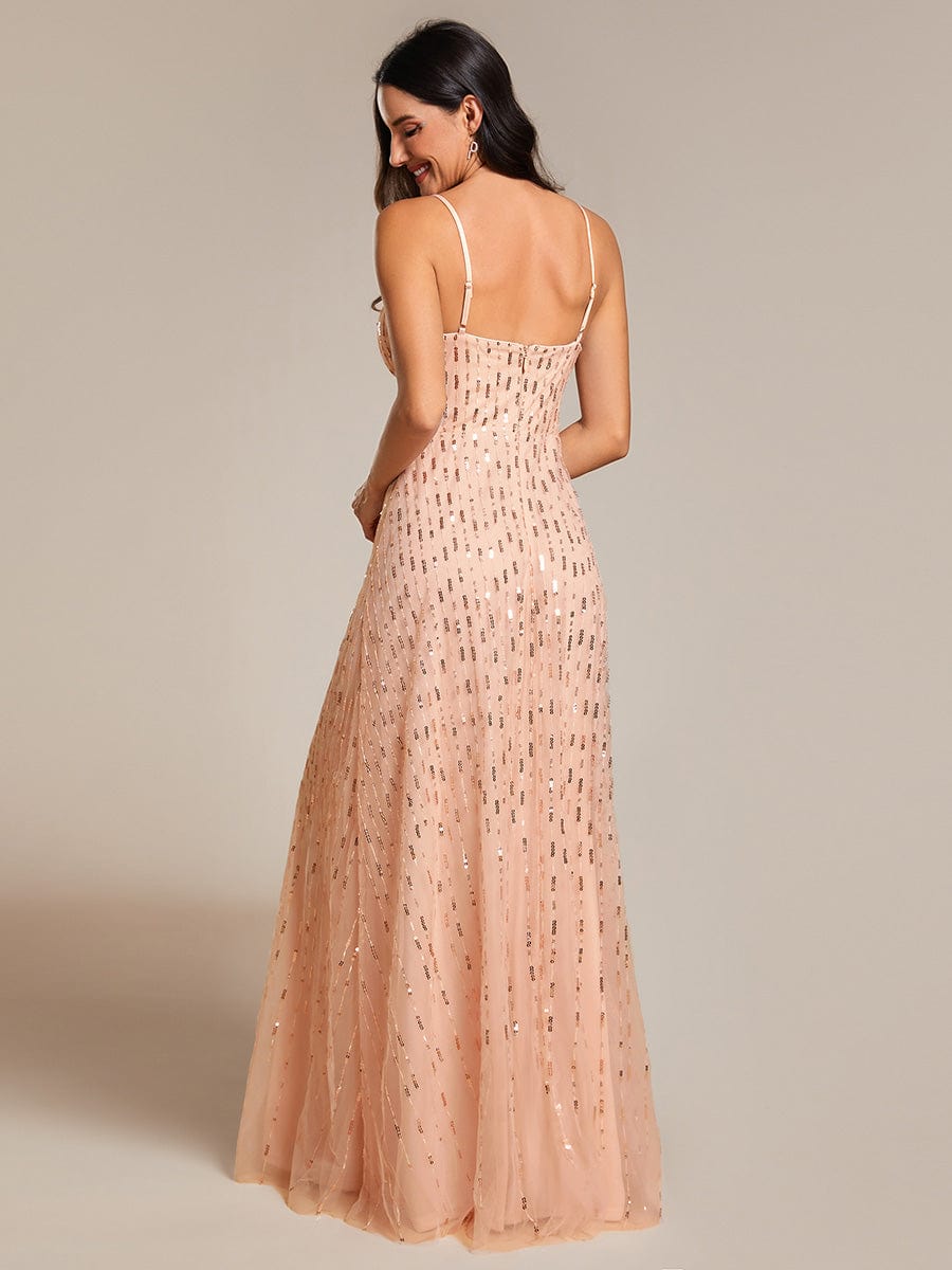 Sequin Embellished V-Neck Tulle Bridesmaid Gown with Spaghetti Straps