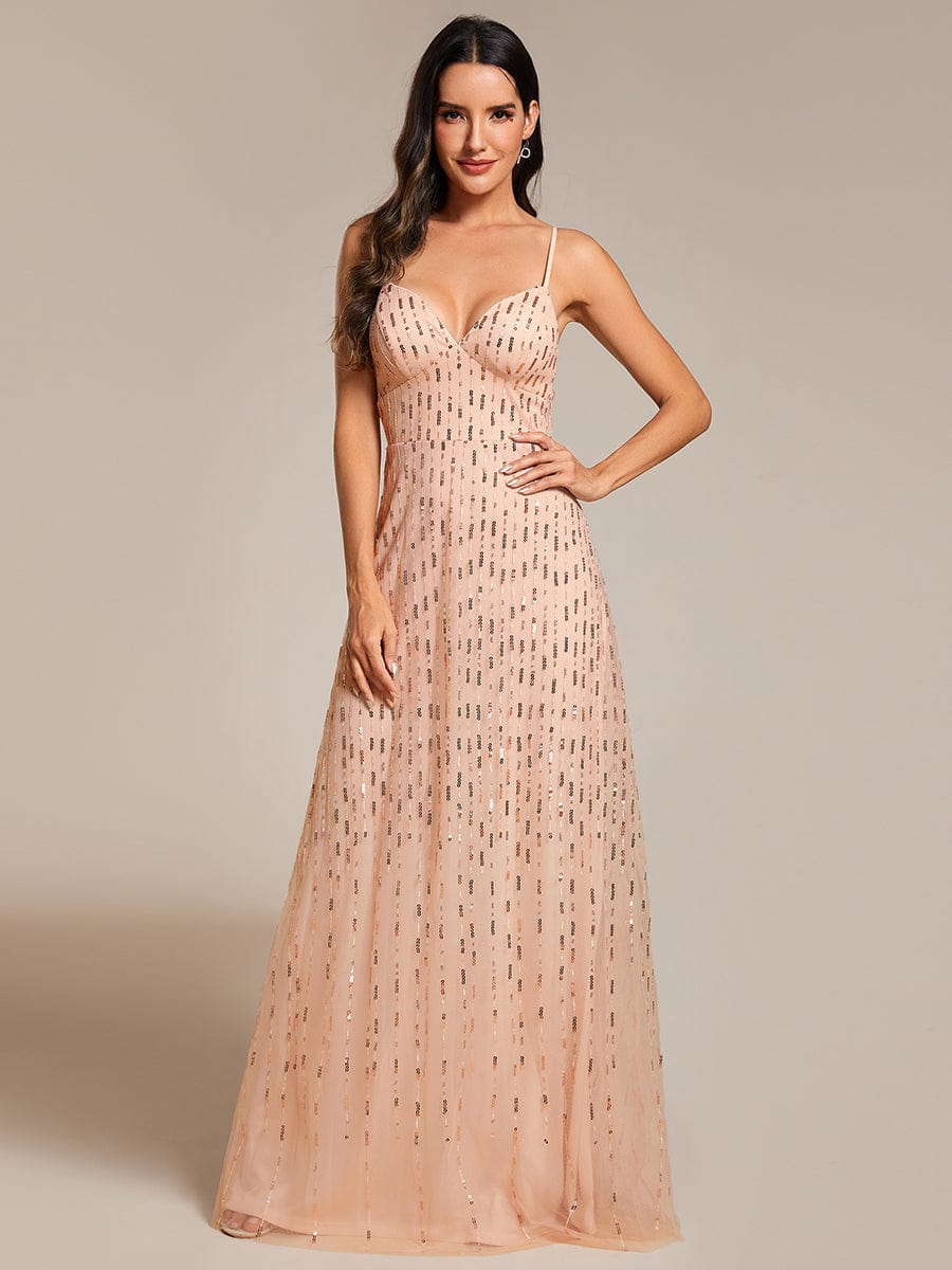 Sequin Embellished V-Neck Tulle Bridesmaid Gown with Spaghetti Straps