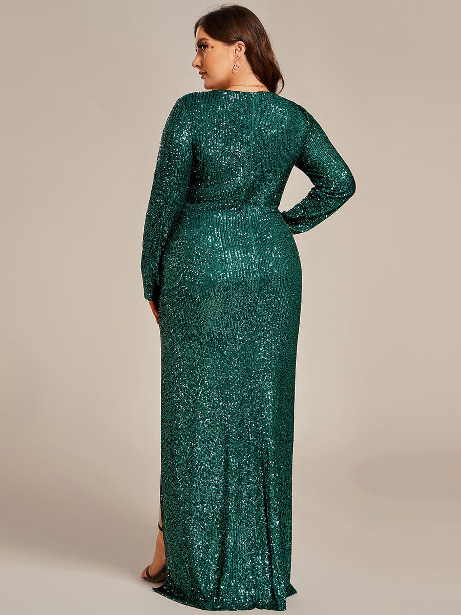 Sequin Glam Plus Size V-Neck Long Sleeve Bodycon Evening Gown with High Front Slit