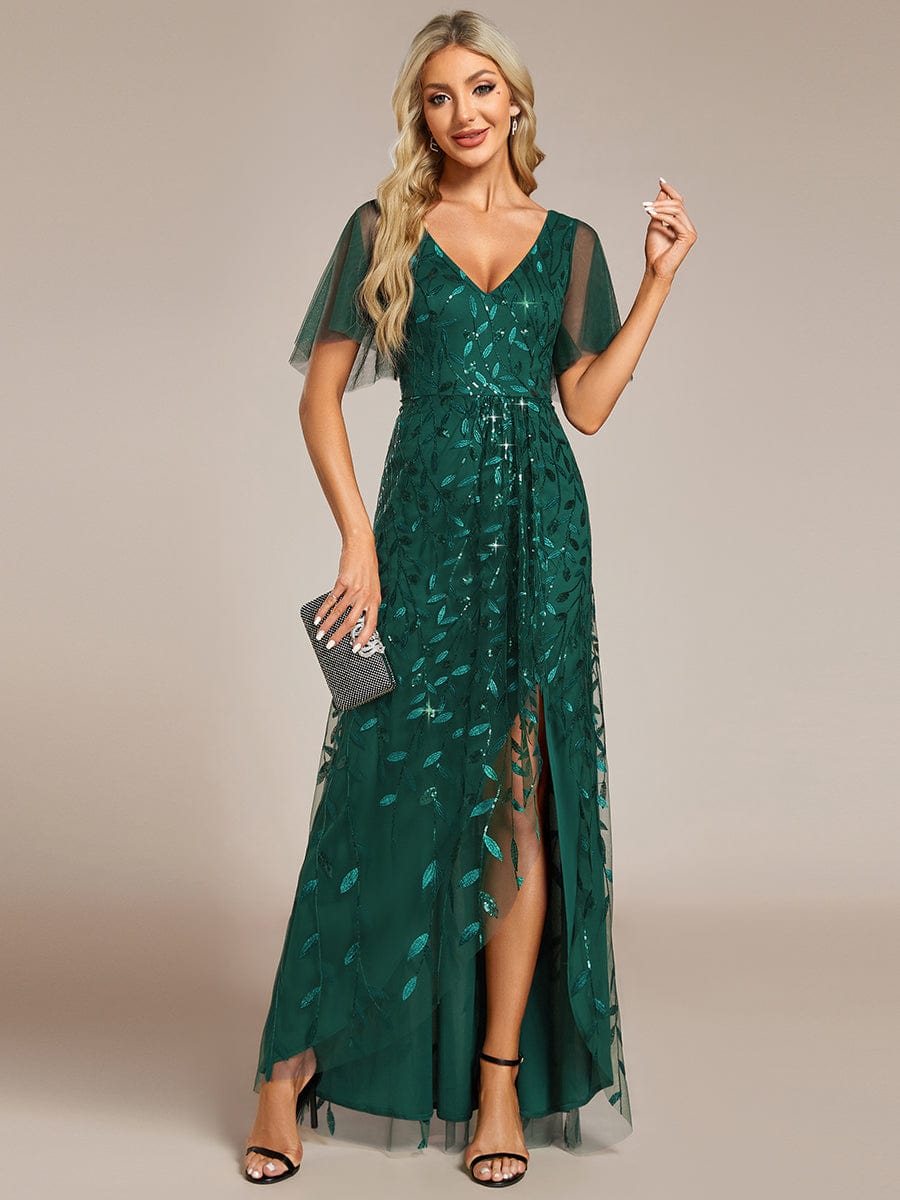 Sequin Mesh High Low V-Neck Midi Evening Dress With Short Sleeves