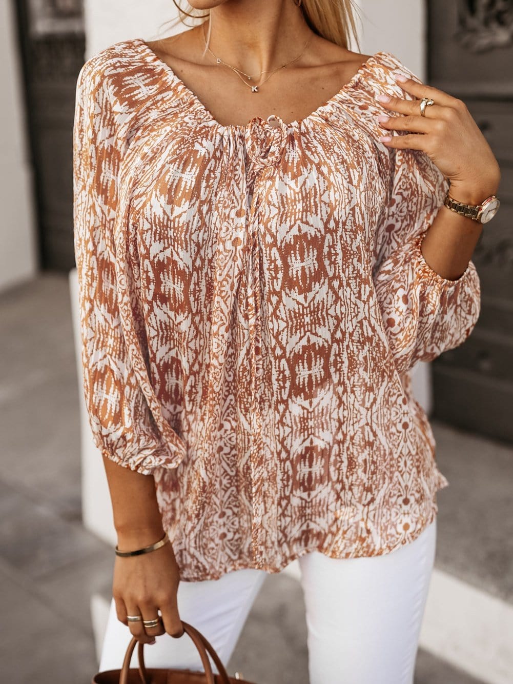 Sequined V-Neck Long Sleeve Blouse