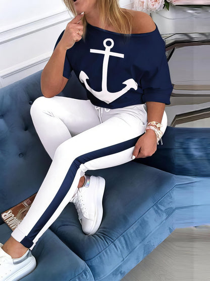 MsDressly Sets Anchor Print V-Neck Long Sleeve T-Shirt & Trousers Two-Piece Suit