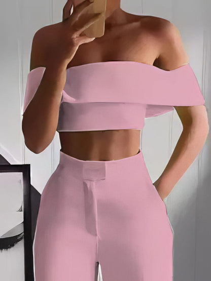 MsDressly Sets One-Shoulder Crop Top & Mopping Pants Two-Piece Suit