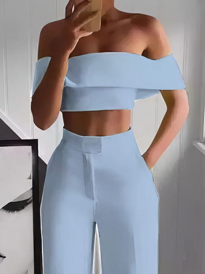 MsDressly Sets One-Shoulder Crop Top & Mopping Pants Two-Piece Suit