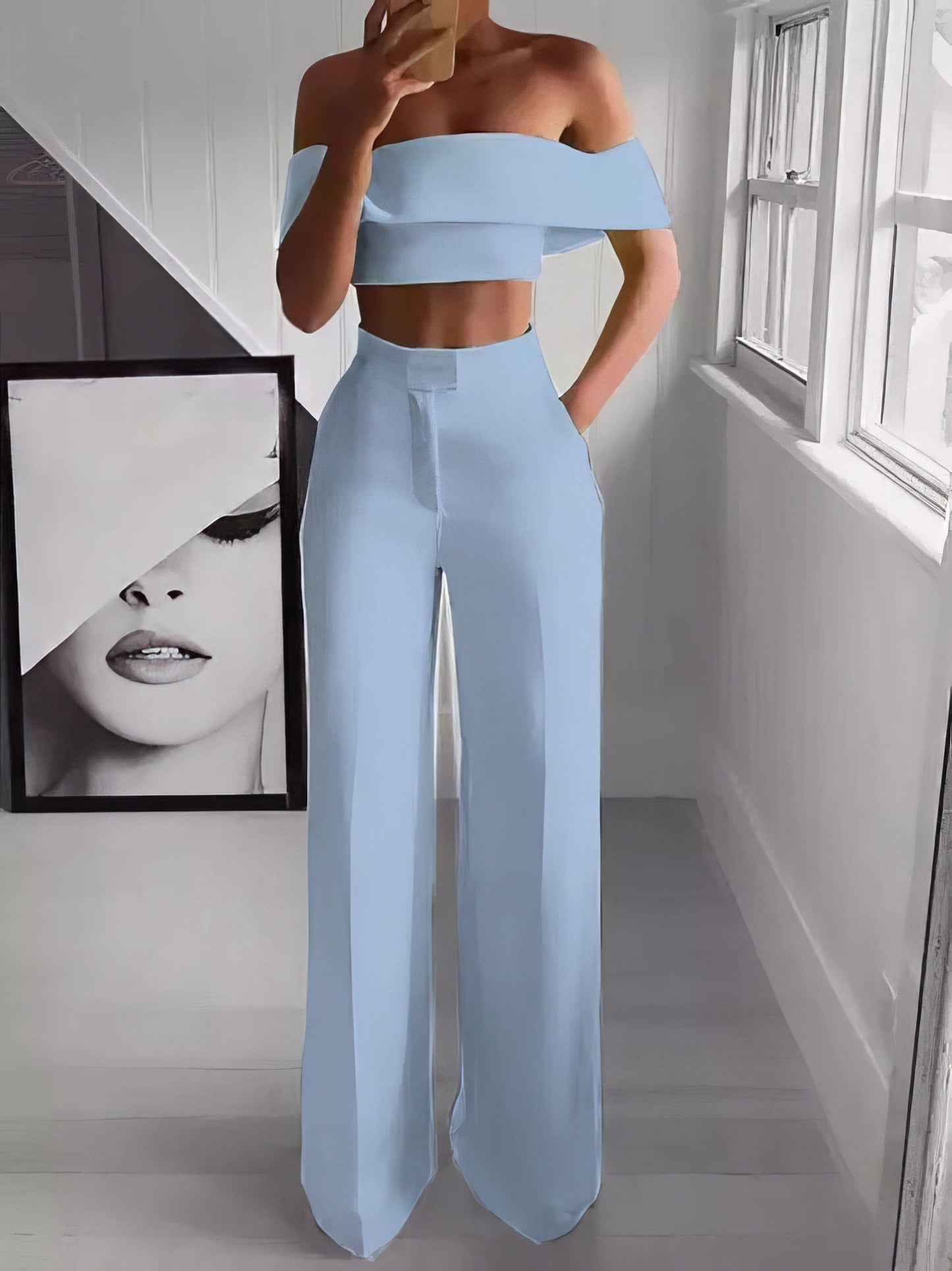MsDressly Sets One-Shoulder Crop Top & Mopping Pants Two-Piece Suit Set2106180049LBLUS