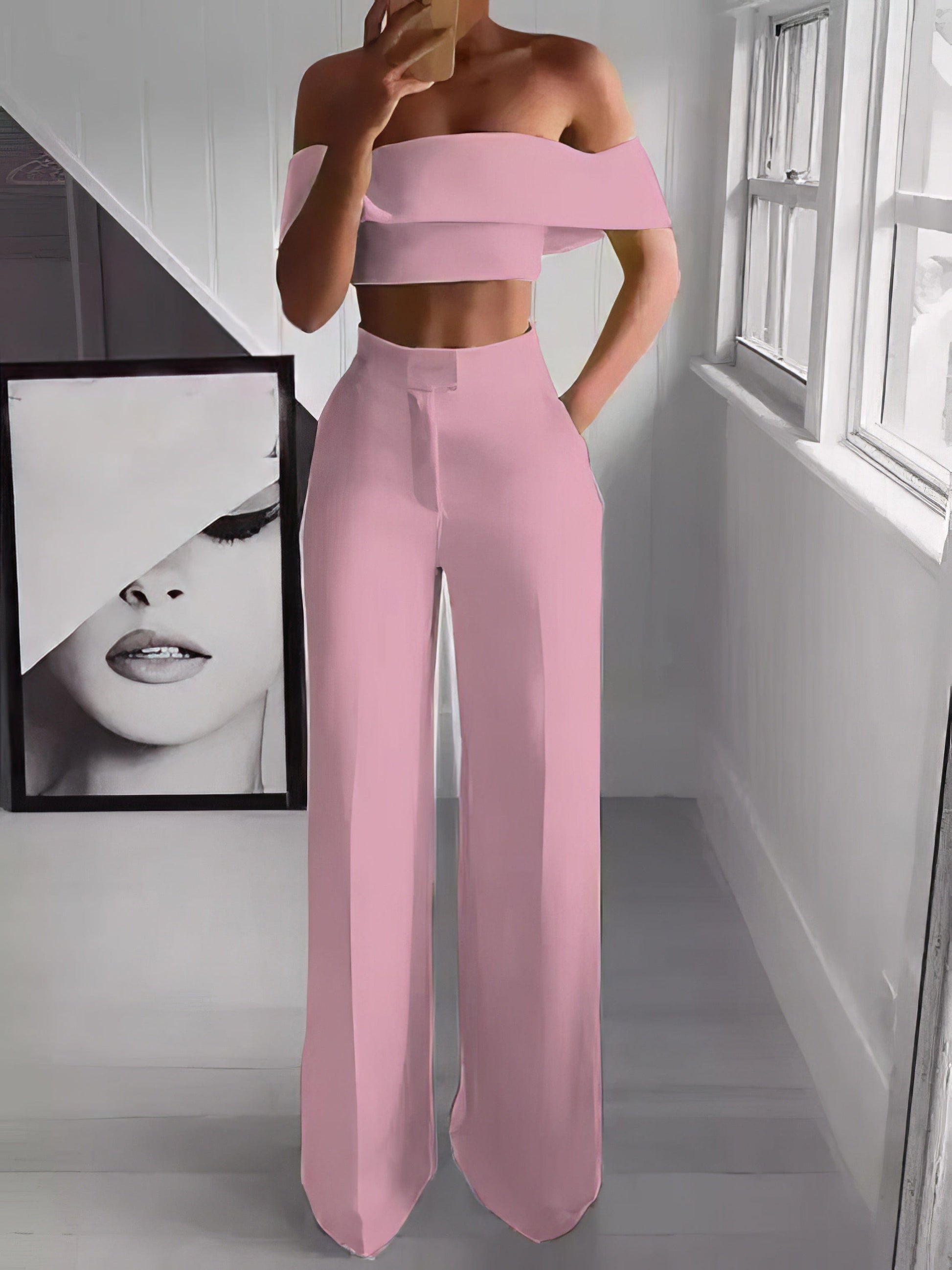 MsDressly Sets One-Shoulder Crop Top & Mopping Pants Two-Piece Suit Set2106180049PINS