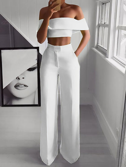 MsDressly Sets One-Shoulder Crop Top & Mopping Pants Two-Piece Suit Set2106180049WHIS
