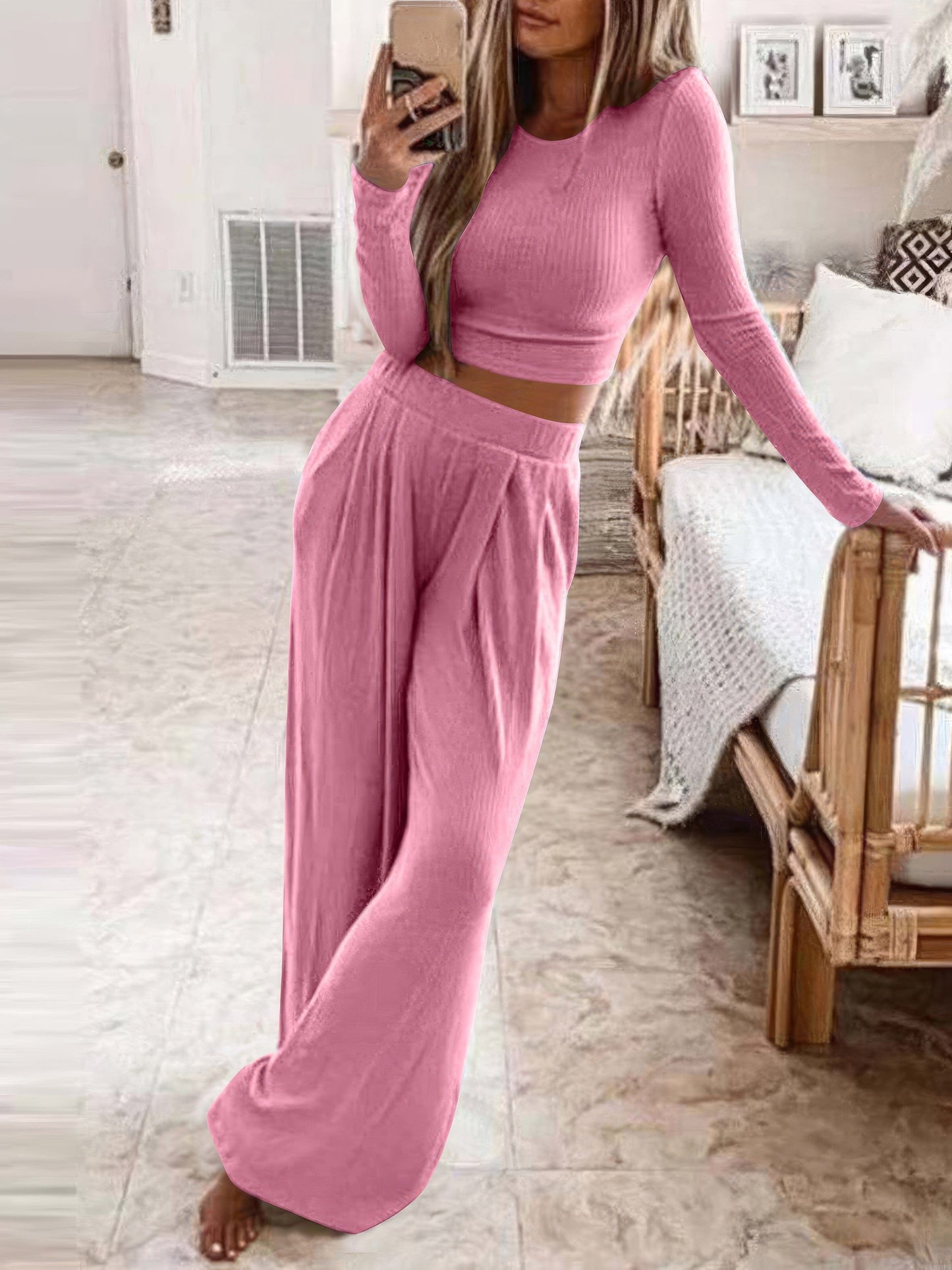 MsDressly Sets Solid Long Sleeve Crop Top & Trousers Two-Piece Suit Set2109231225PINS