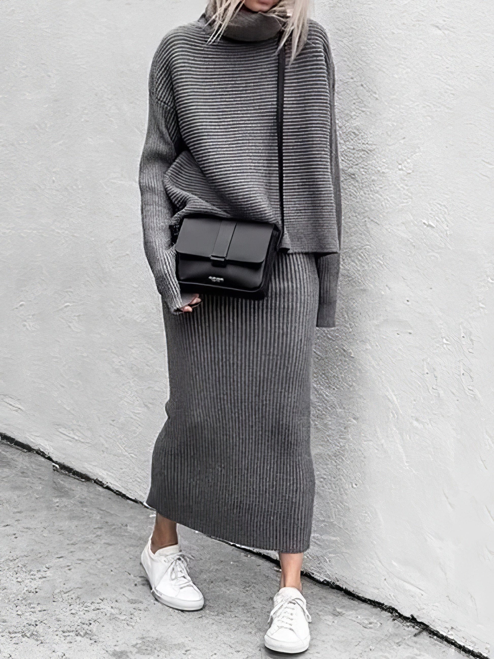 MsDressly Sets Turtleneck Long Sleeve Sweater & Knitted Skirt Two-Piece Suit Set2110151254GRES