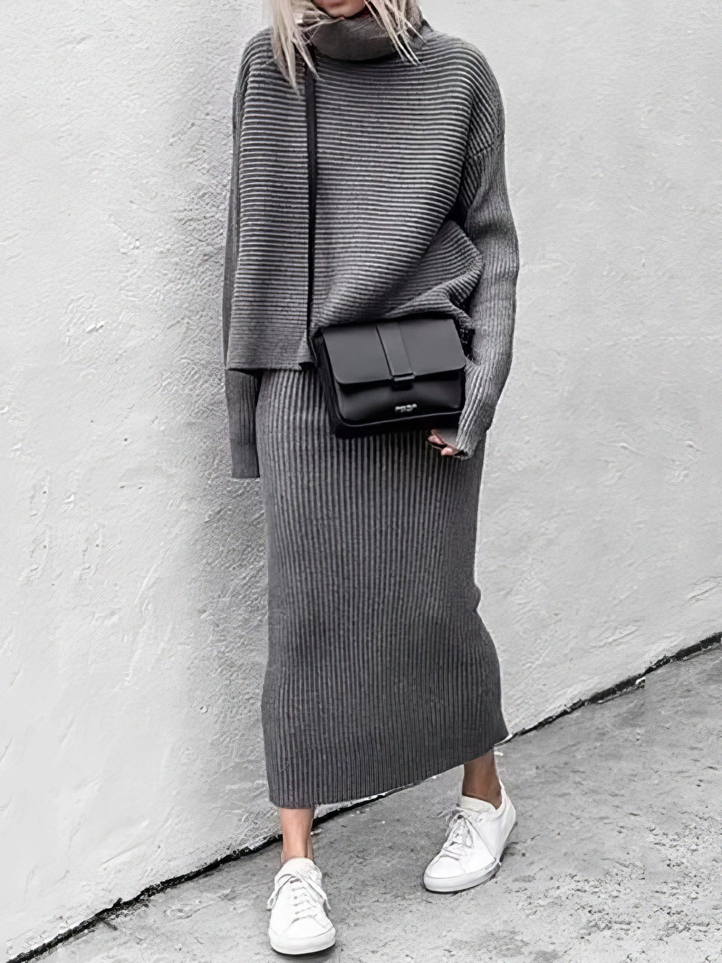 MsDressly Sets Turtleneck Long Sleeve Sweater & Knitted Skirt Two-Piece Suit