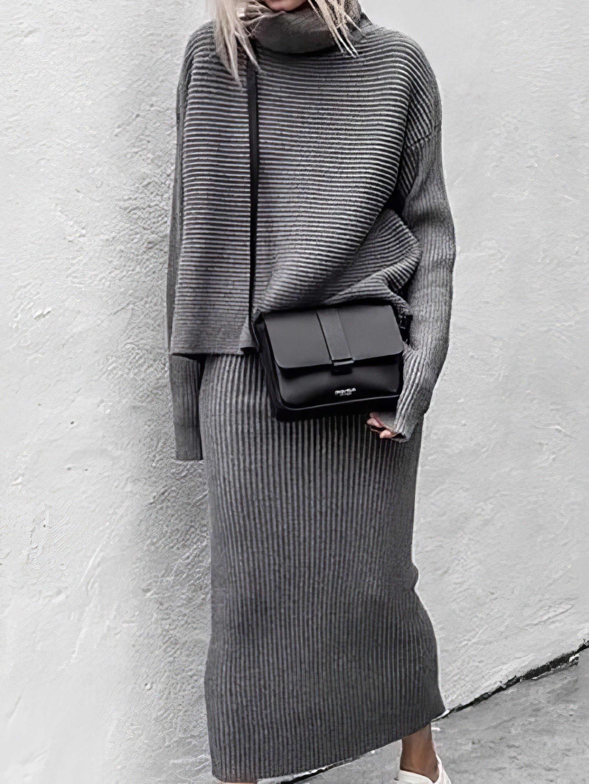 MsDressly Sets Turtleneck Long Sleeve Sweater & Knitted Skirt Two-Piece Suit