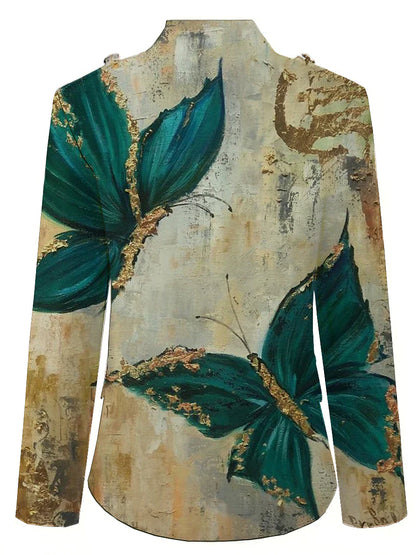 Women's Casual Jacket Causal Print Butterfly Comfortable Artistic Style Regular Fit Outerwear Long Sleeve Fall Light Green S