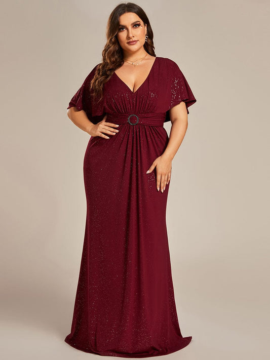 Shimmering Deep V Neck Pleated Evening Gown With Waist Belt