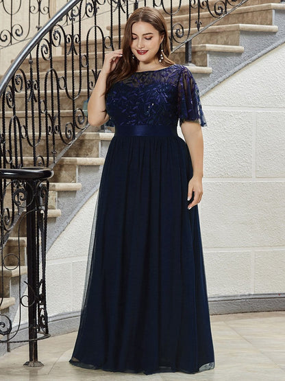 Shimmering Evening Gown with Ruffle Sleeves and Belt Detail