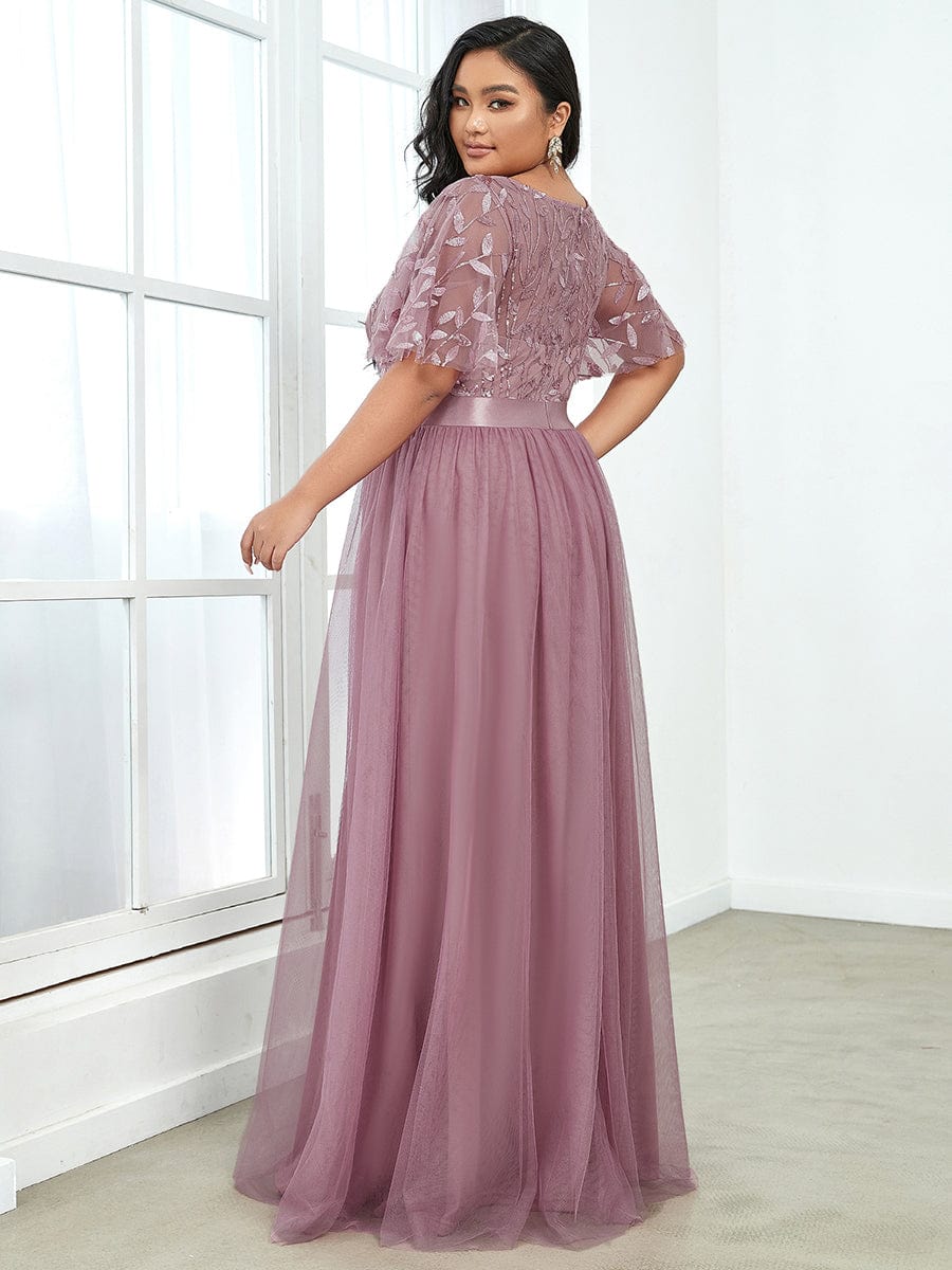 Shimmering Evening Gown with Ruffle Sleeves and Belt Detail