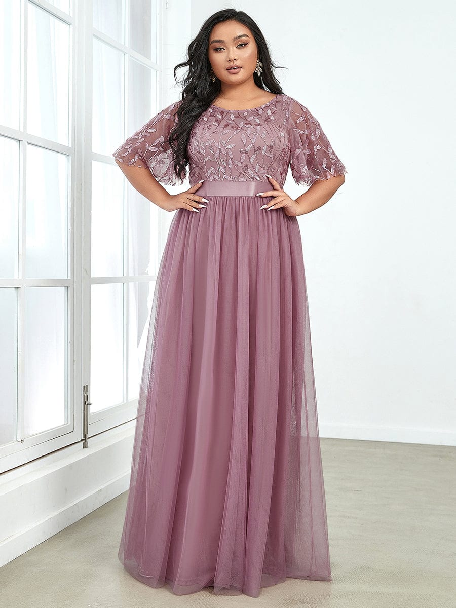 Shimmering Evening Gown with Ruffle Sleeves and Belt Detail