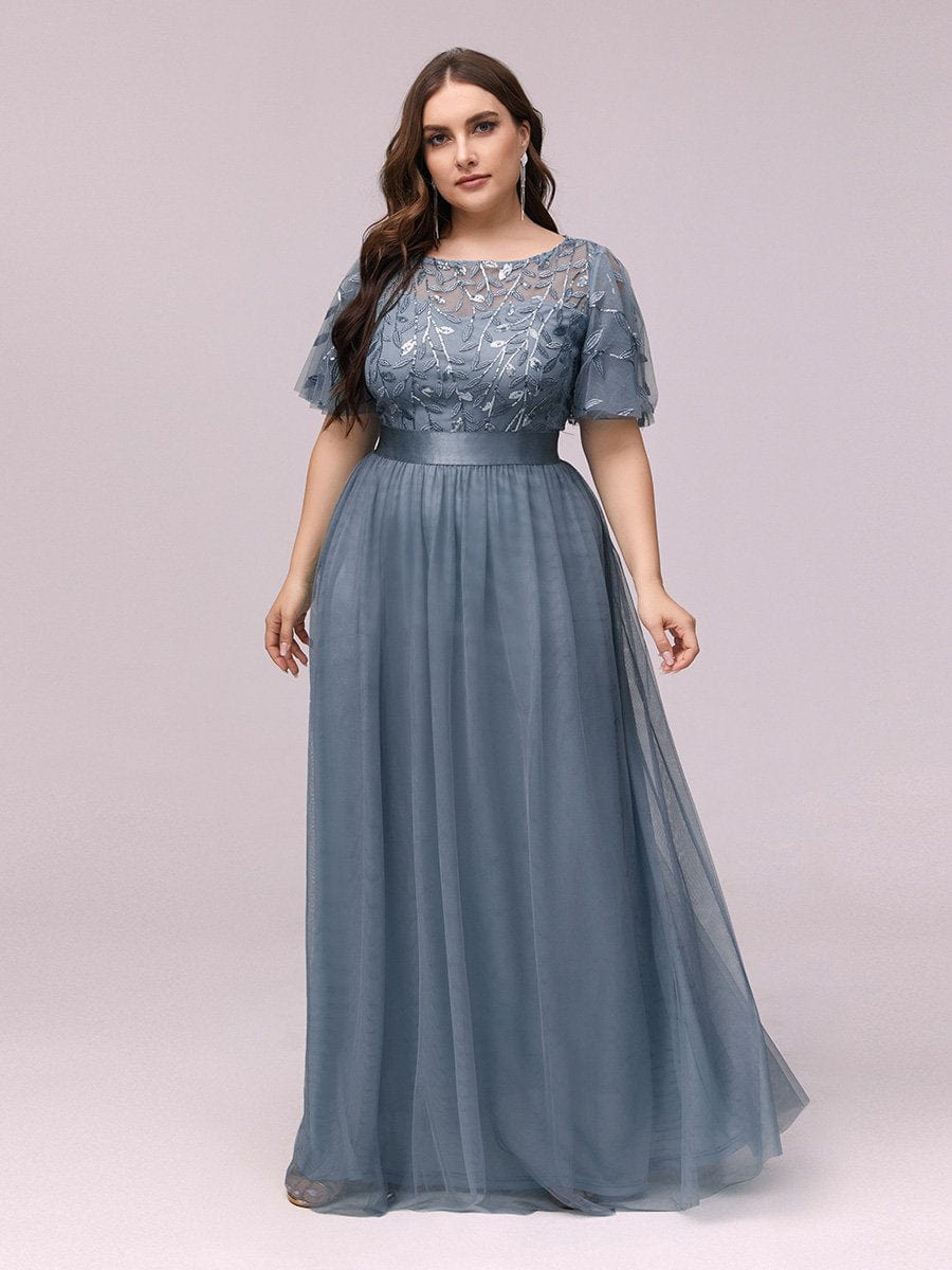 Shimmering Evening Gown with Ruffle Sleeves and Belt Detail