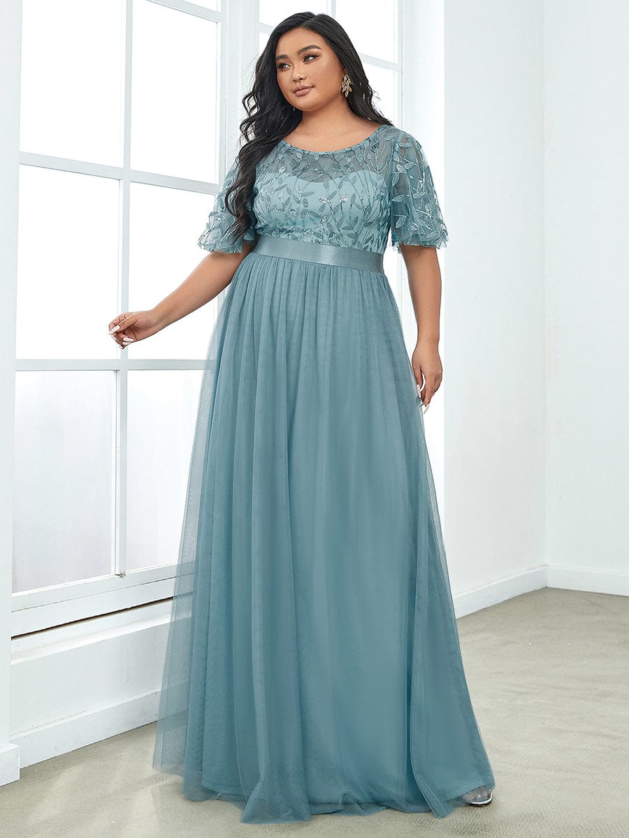 Shimmering Evening Gown with Ruffle Sleeves and Belt Detail