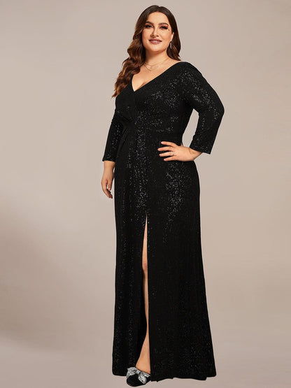 Shimmering Plus Size Sequin Evening Dress with Long Sleeves and V-Neck