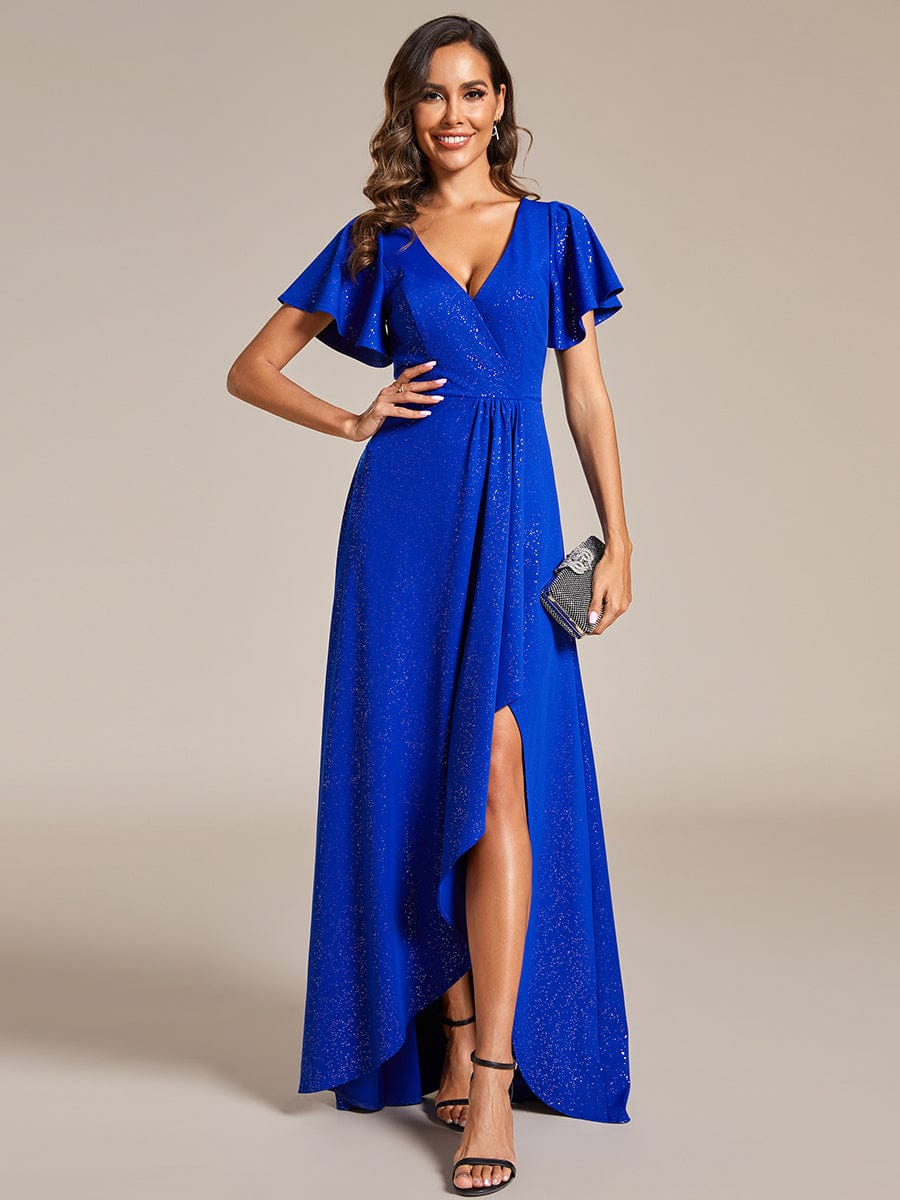 Shiny Tea Length Split Wholesale Evening Dresses With Ruffle Sleeves