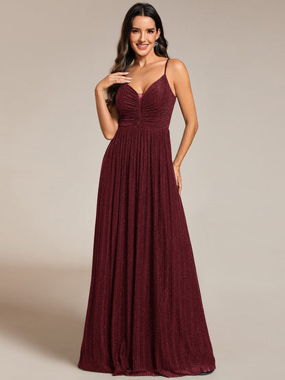 Shiny V Neck Formal Length Dress with Delicate Straps