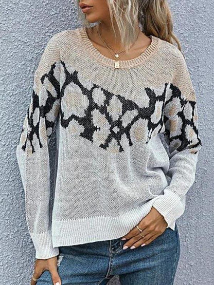 Side Slit High Low Leopard Panel Sweater - LuckyFash™