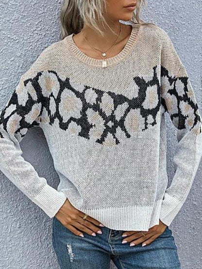 Side Slit High Low Leopard Panel Sweater - LuckyFash™