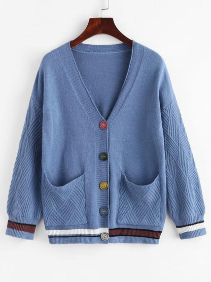 Single Breasted Drop Shoulder Striped Pocket Cardigan for Women