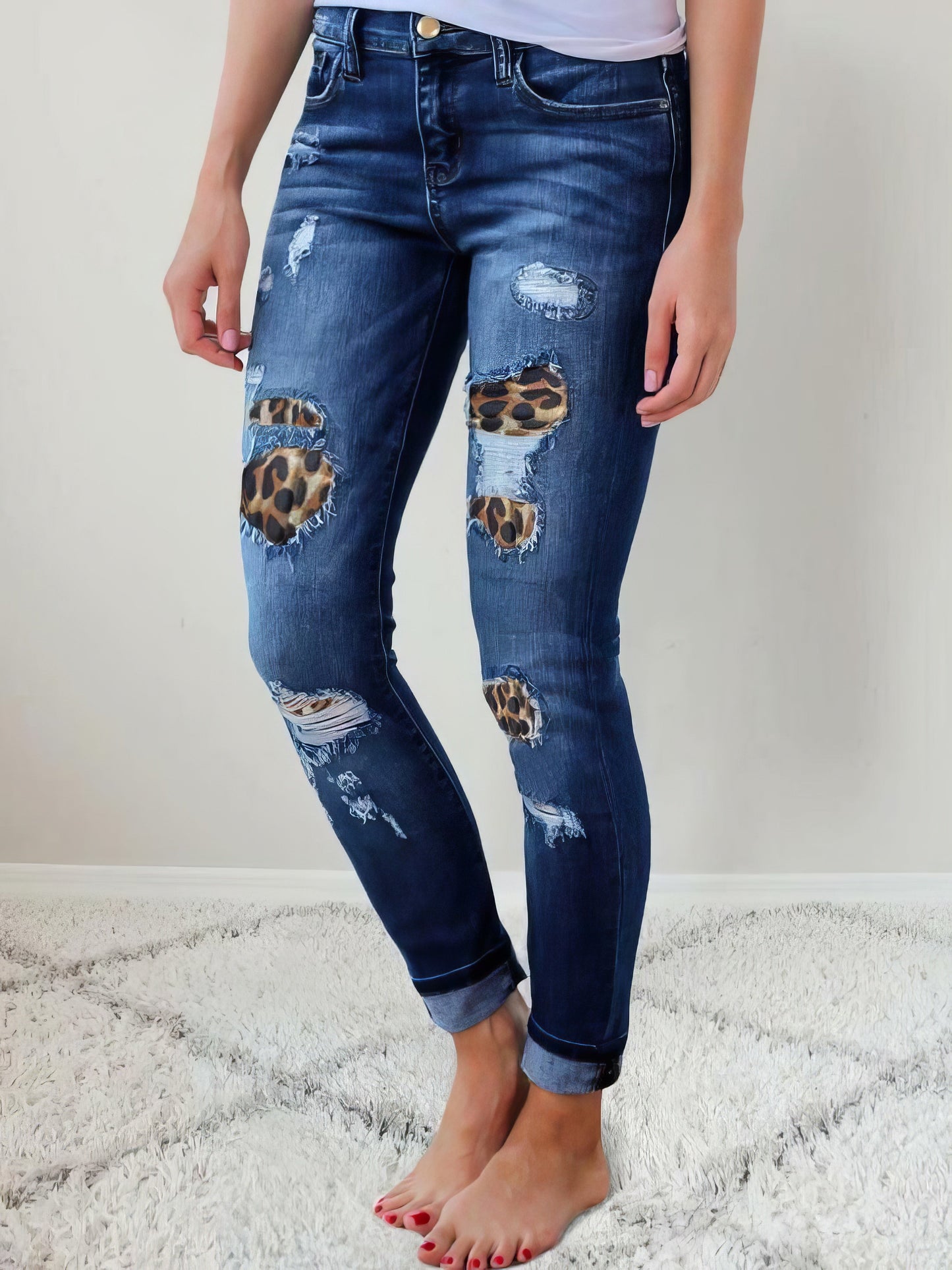 Jeans - Skinny Leopard Print Ripped Stretch Jeans - MsDressly