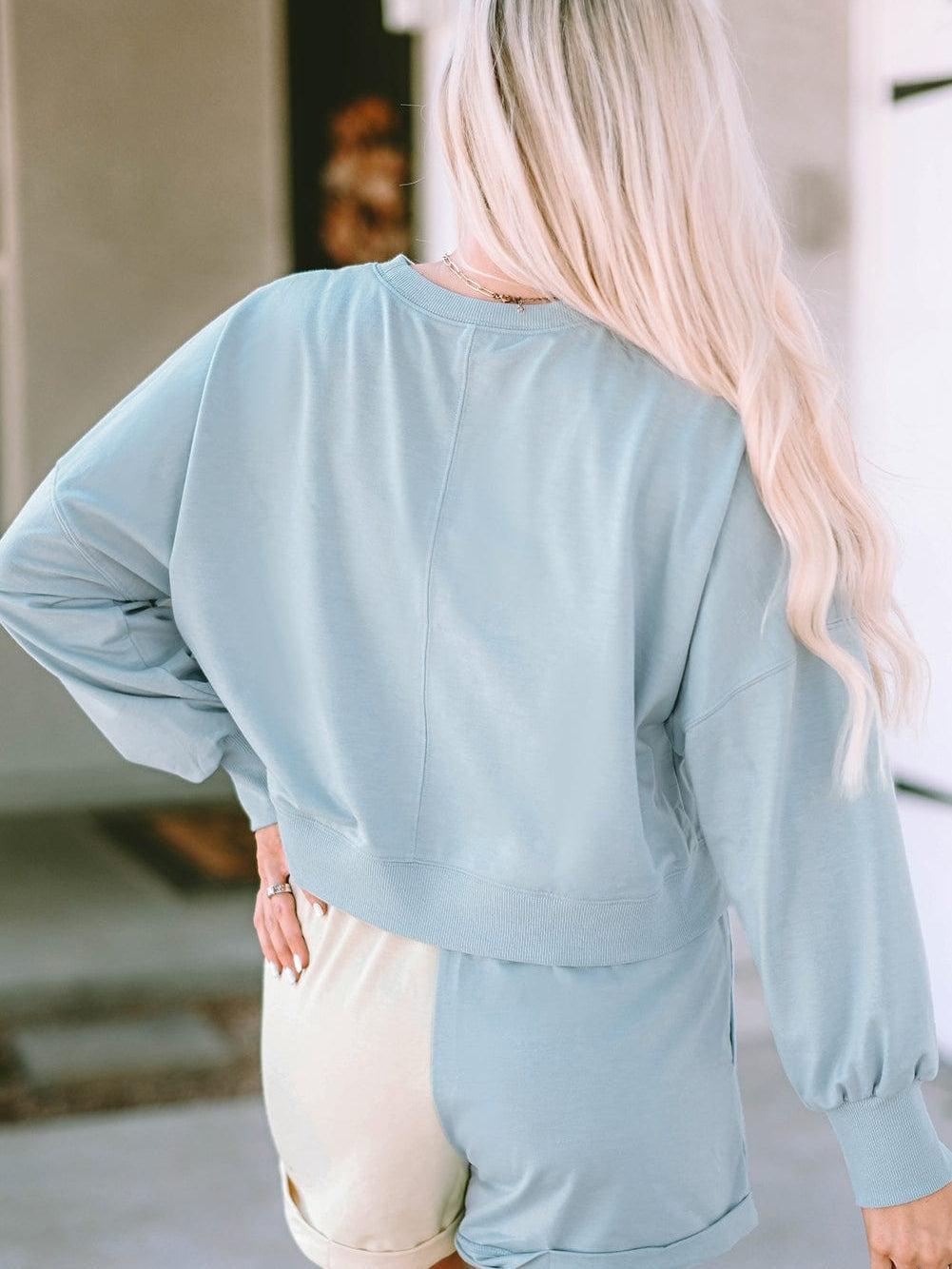 Sky Blue Athleisure Sweatshirt and Color Block Shorts Set