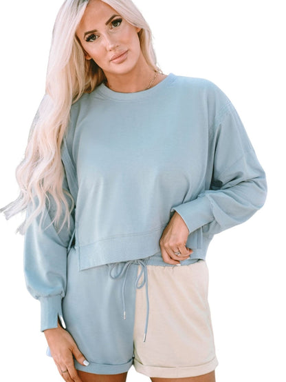 Sky Blue Athleisure Sweatshirt and Color Block Shorts Set