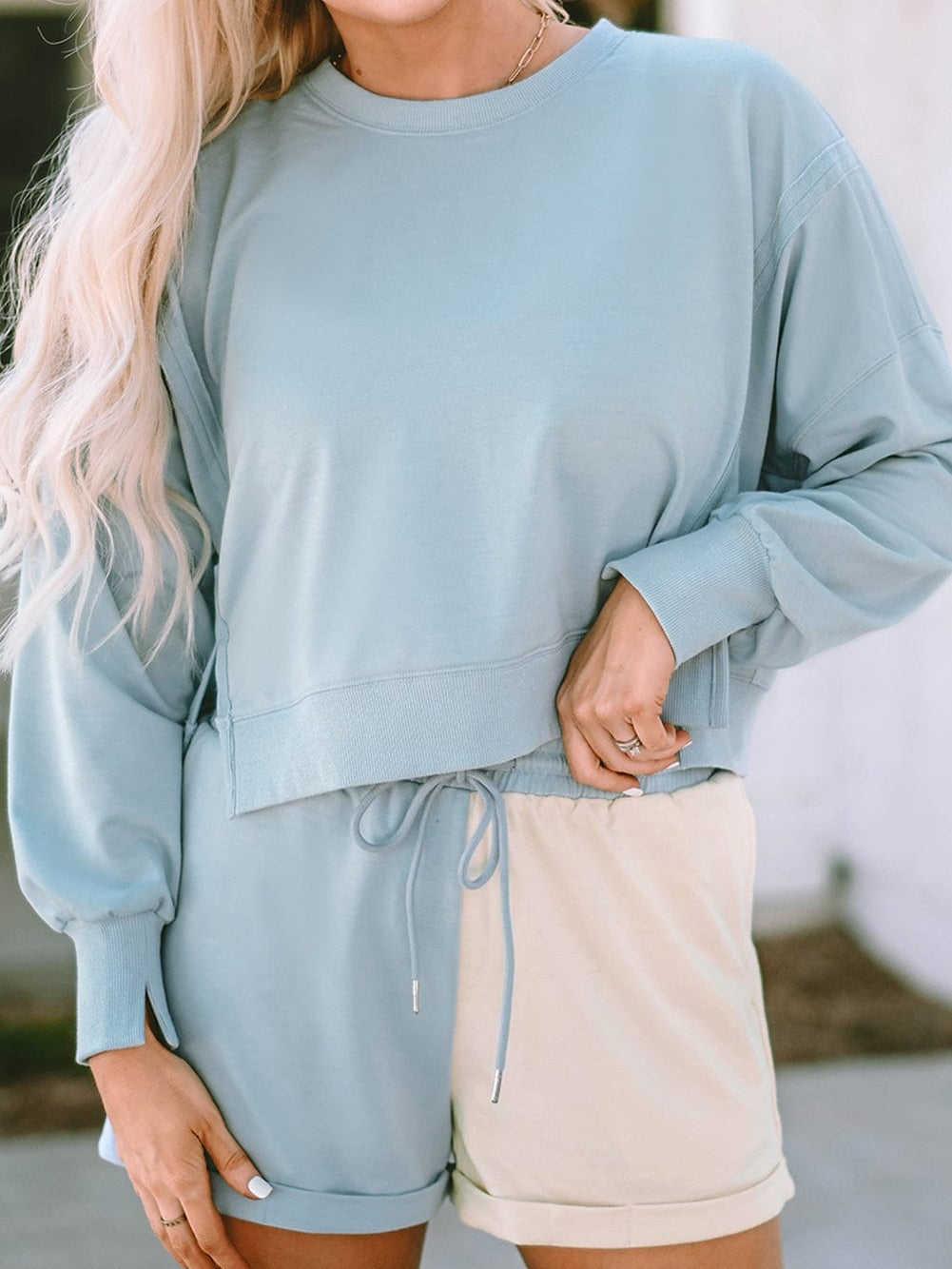 Sky Blue Athleisure Sweatshirt and Color Block Shorts Set