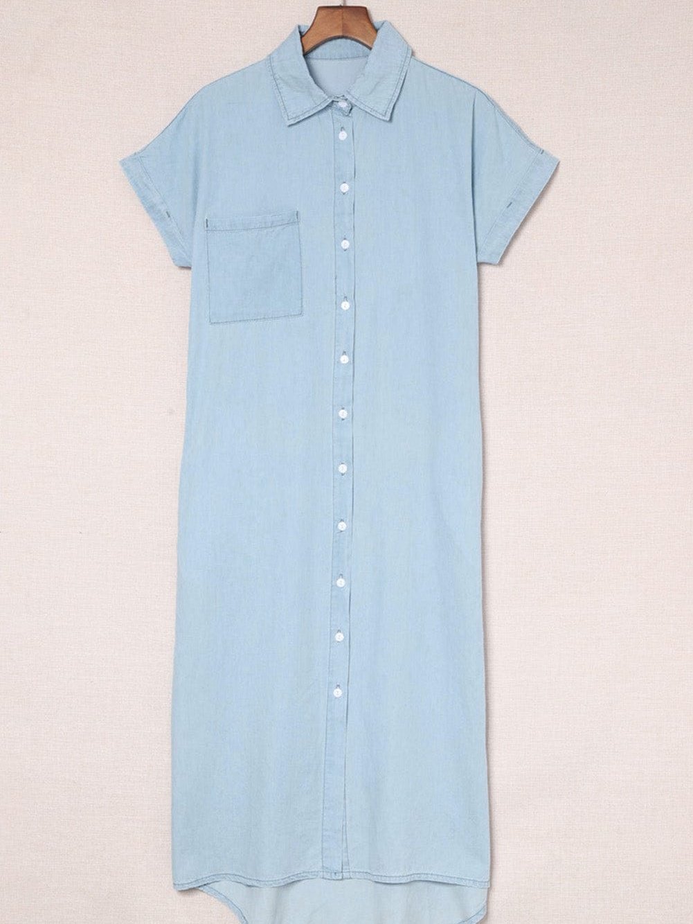 Sky Blue Chambray Midi Dress with Short Sleeves