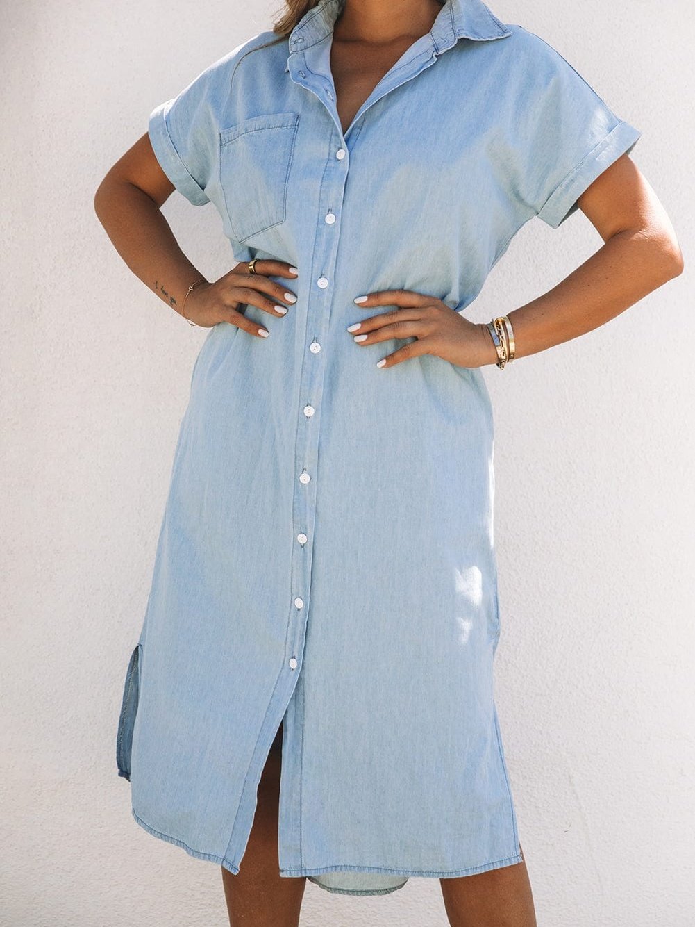 Sky Blue Chambray Midi Dress with Short Sleeves