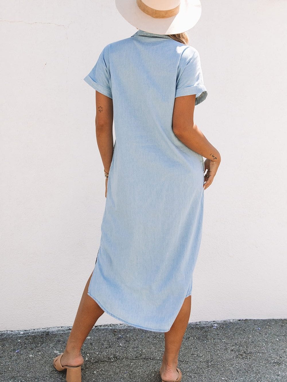 Sky Blue Chambray Midi Dress with Short Sleeves