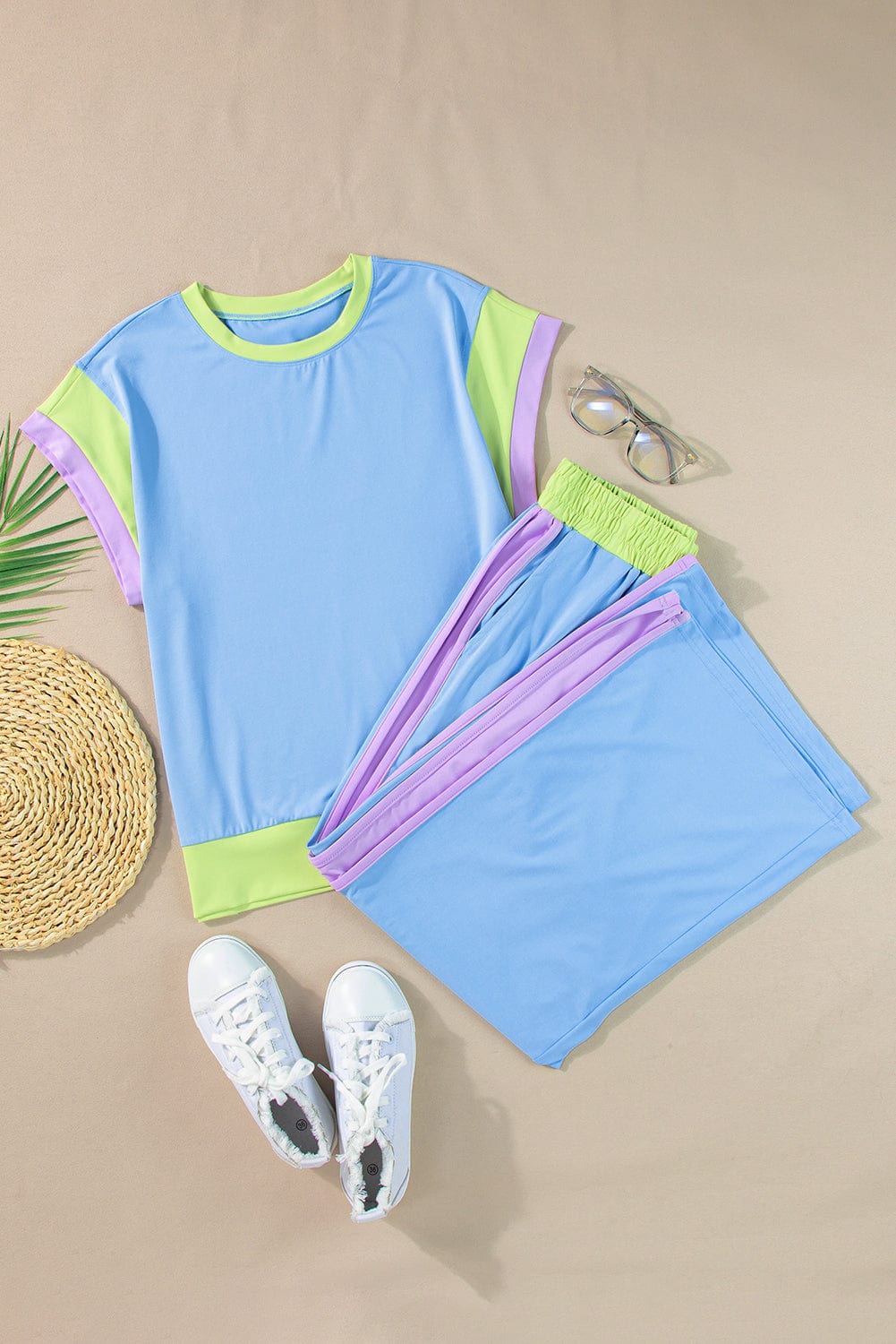 Sky Blue Colorblock Casual Two-Piece Set for Stylish Summer Days