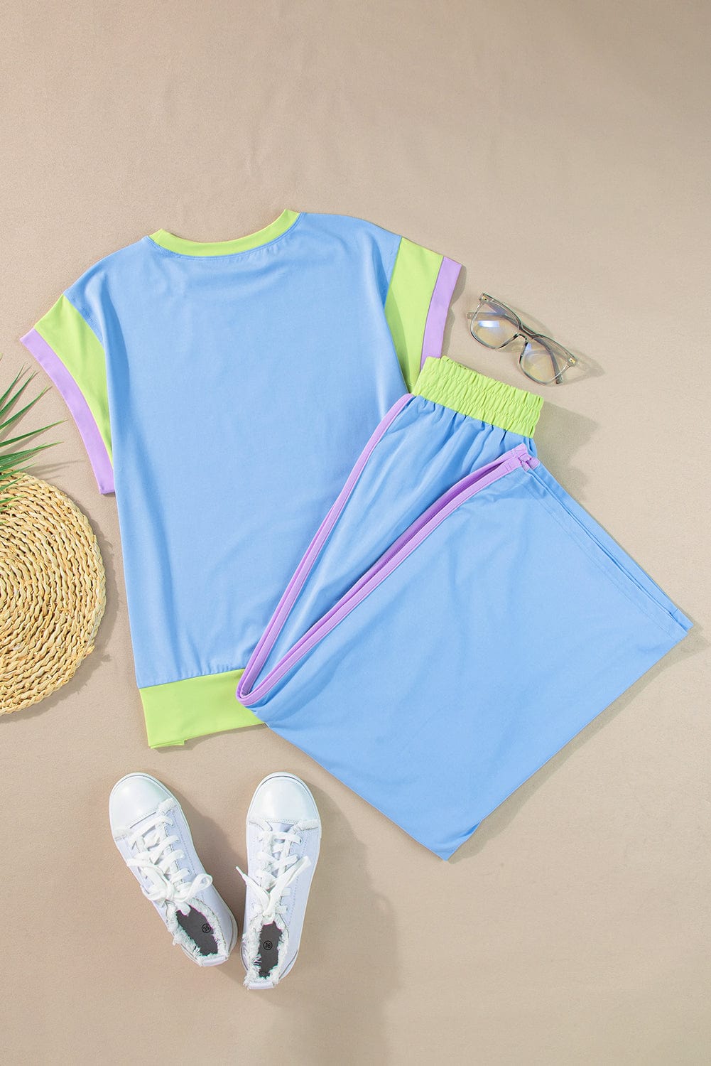 Sky Blue Colorblock Casual Two-Piece Set for Stylish Summer Days