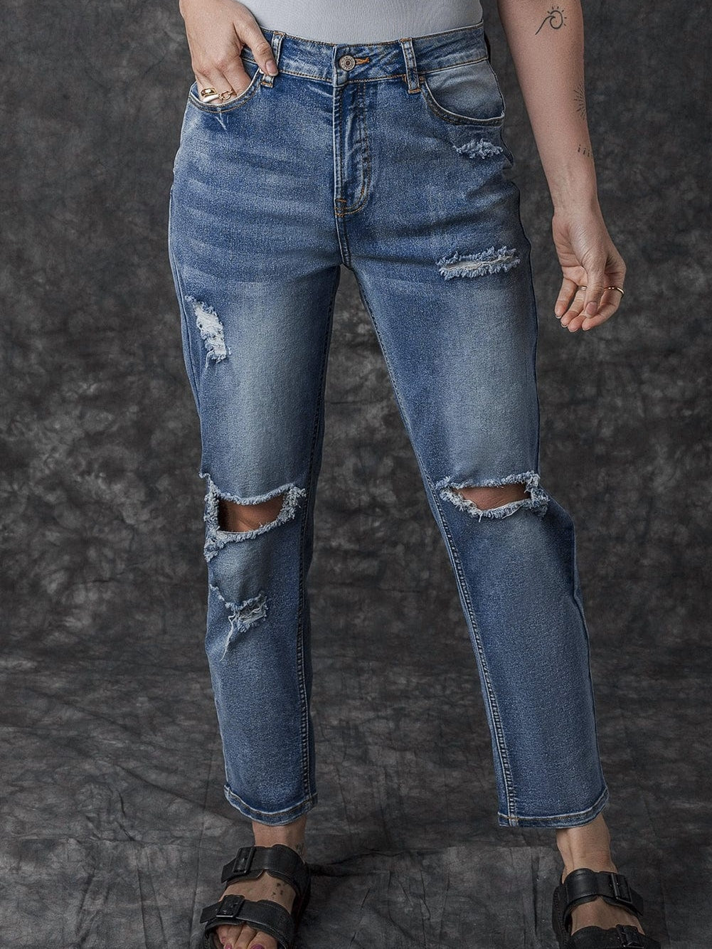 Sky Blue Open Knee Cutout Straight Leg Jeans