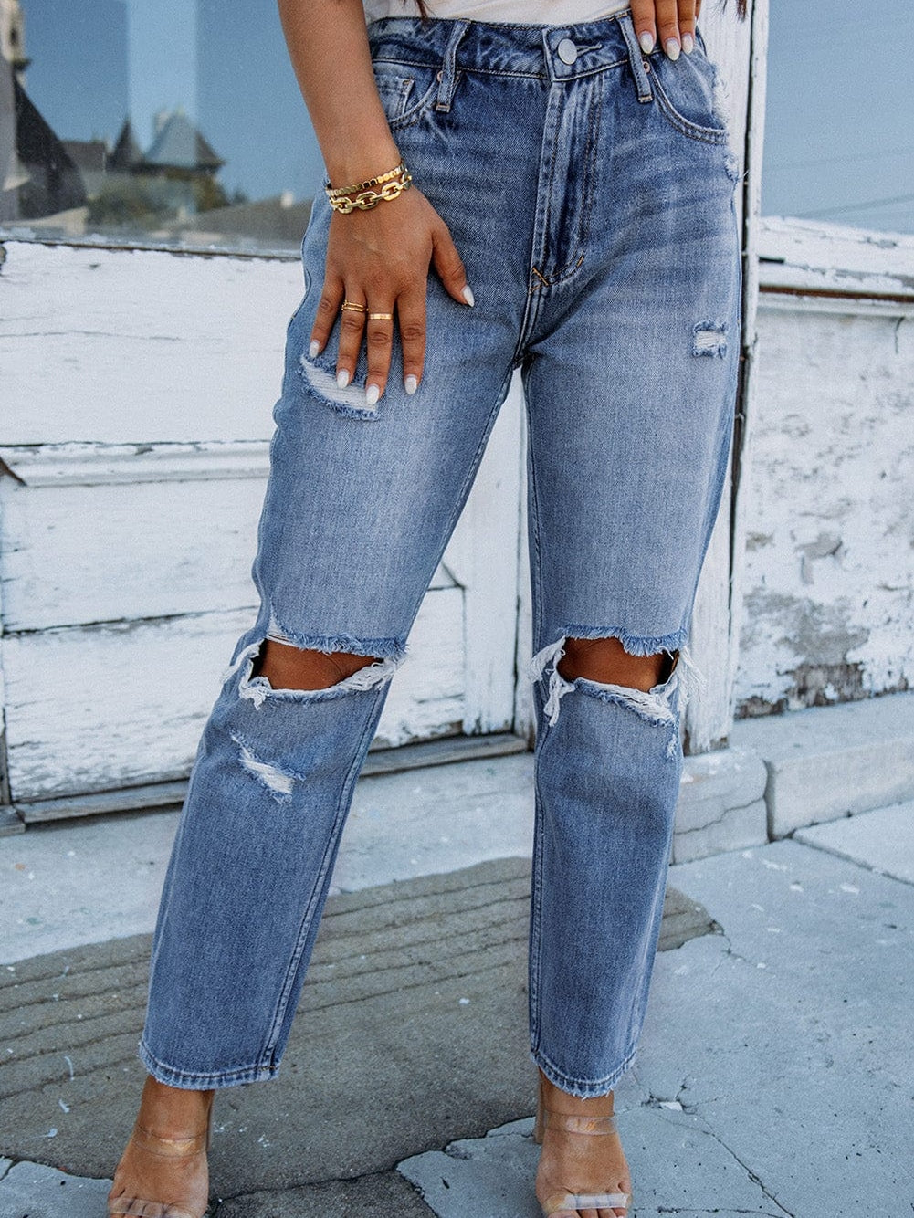 Sky Blue Open Knee Cutout Straight Leg Jeans