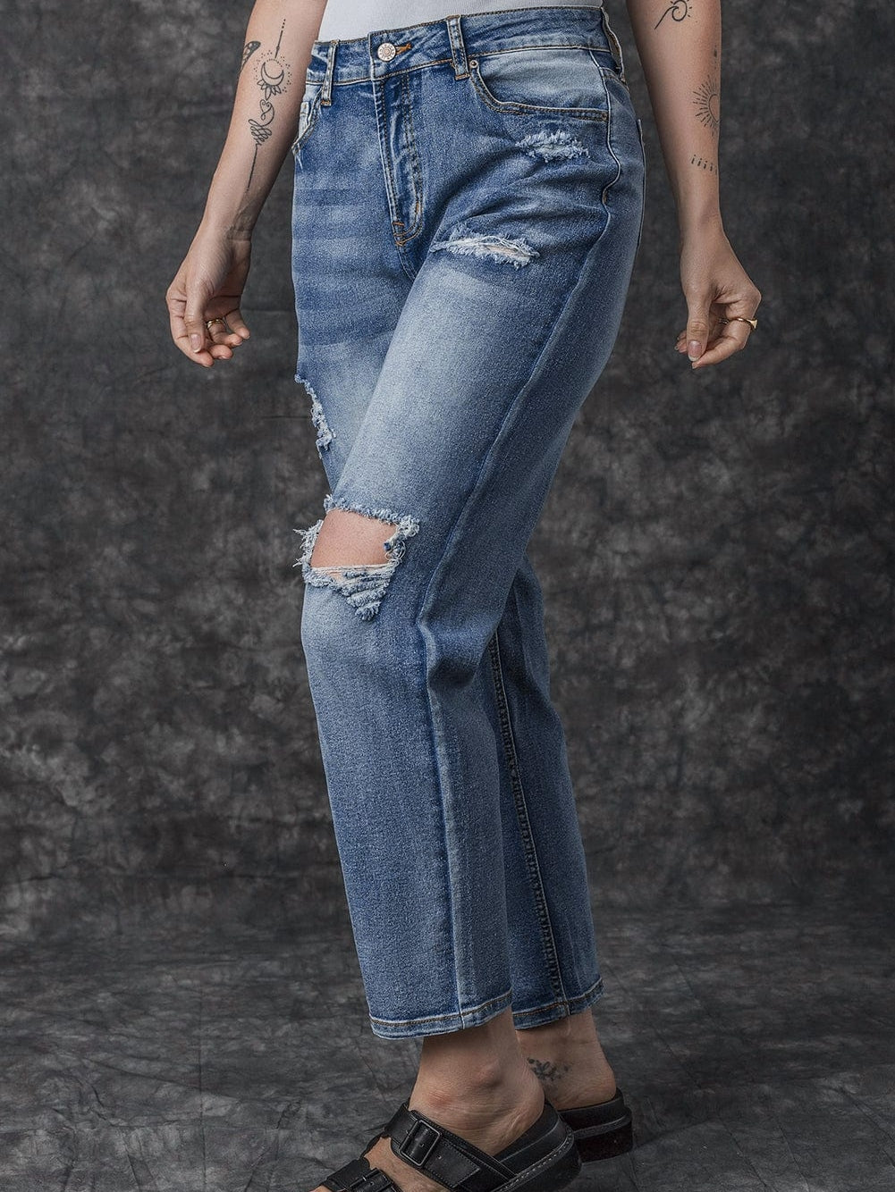 Sky Blue Open Knee Cutout Straight Leg Jeans